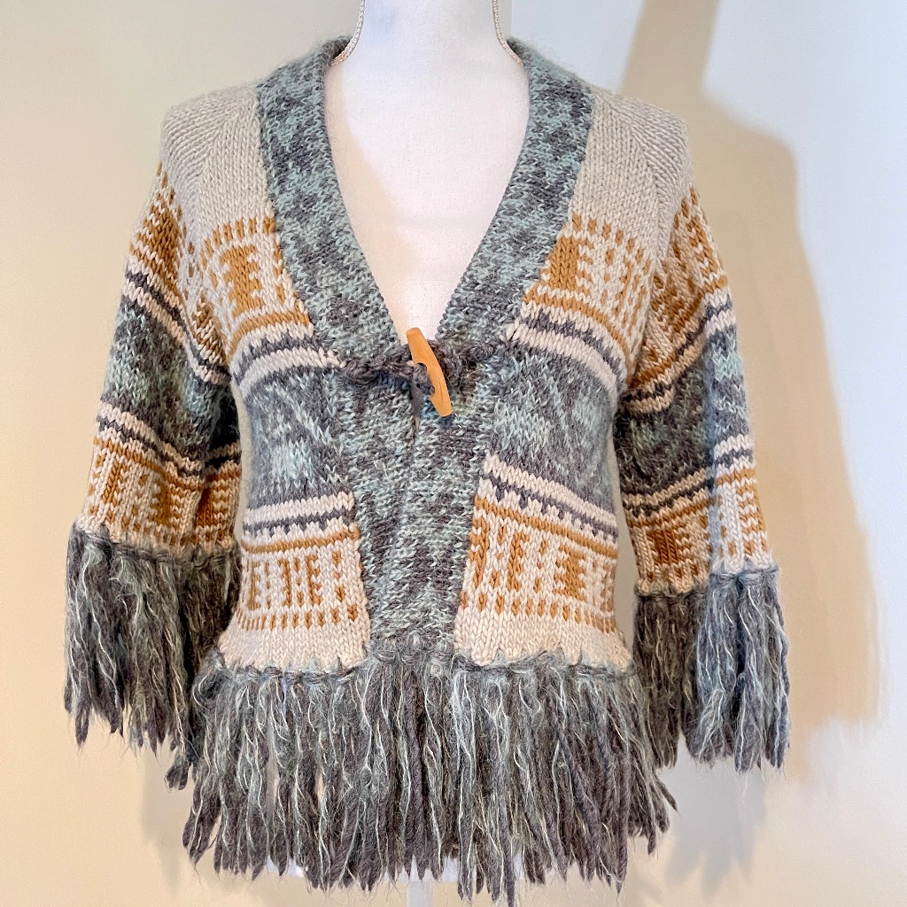 James Coviello Bohemian Fringed Knit Vintage Sweater Jacket
